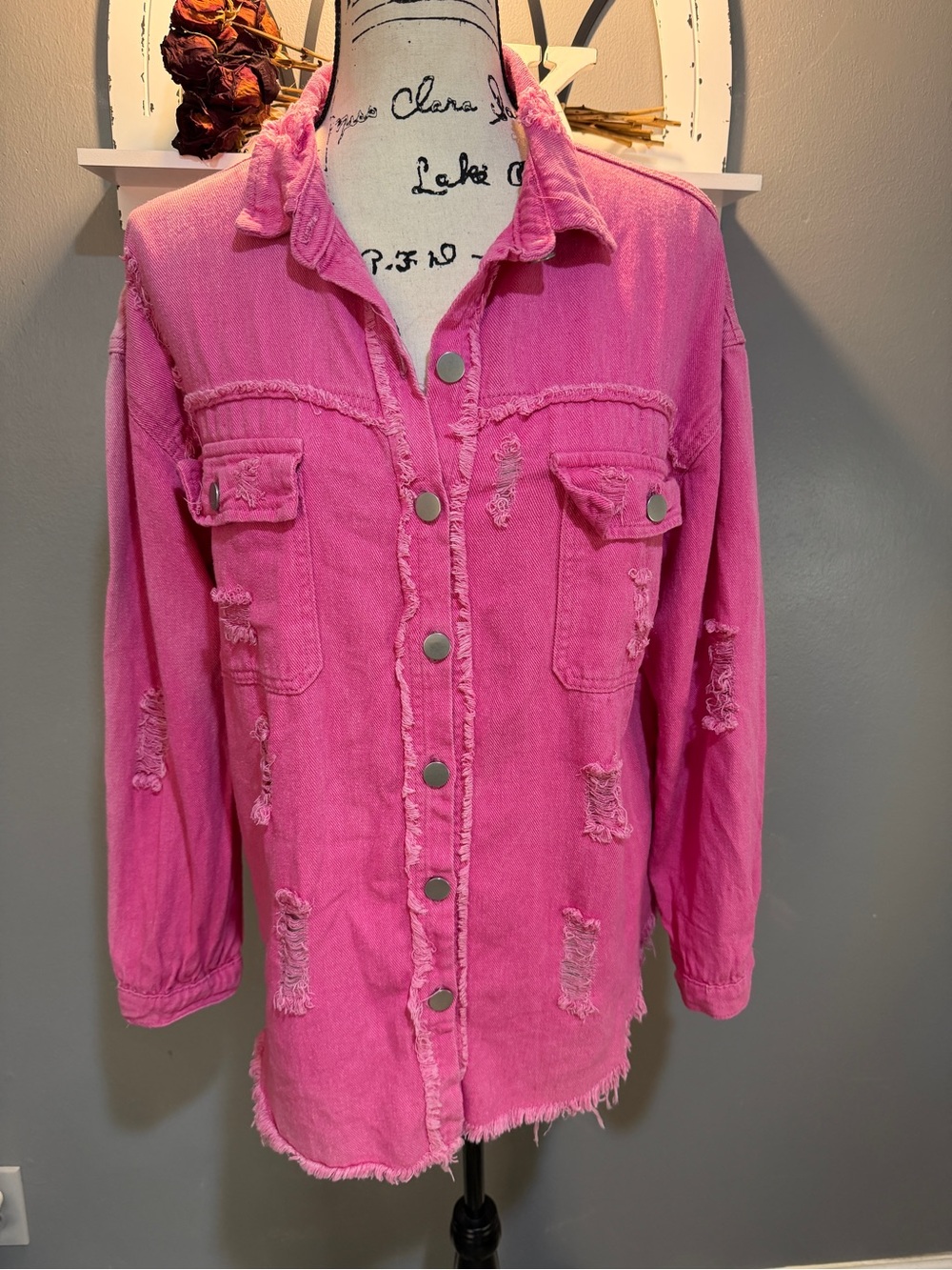 Pink Distressed Button-Front Jean Jacket - Picture 1 of 7